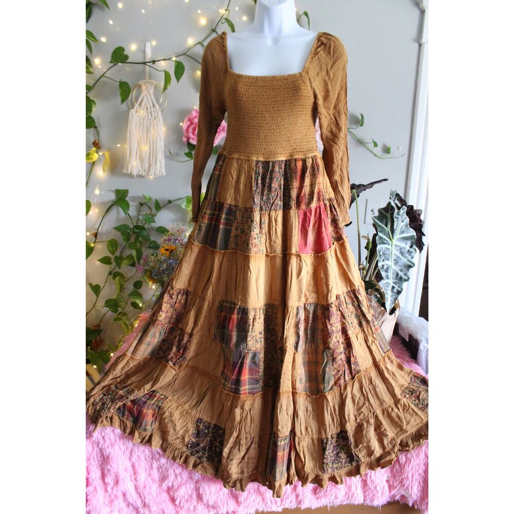 Young Threads Camel Patchwork Smocked Tiered Maxi Dress Size S NWT Boho - Picture 7 of 11